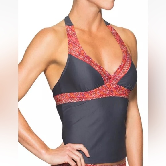 Athleta Ventana Bra Cup Halter Tankini Top 34 D/DD Gray Coral Removable Pads - Picture 1 of 3